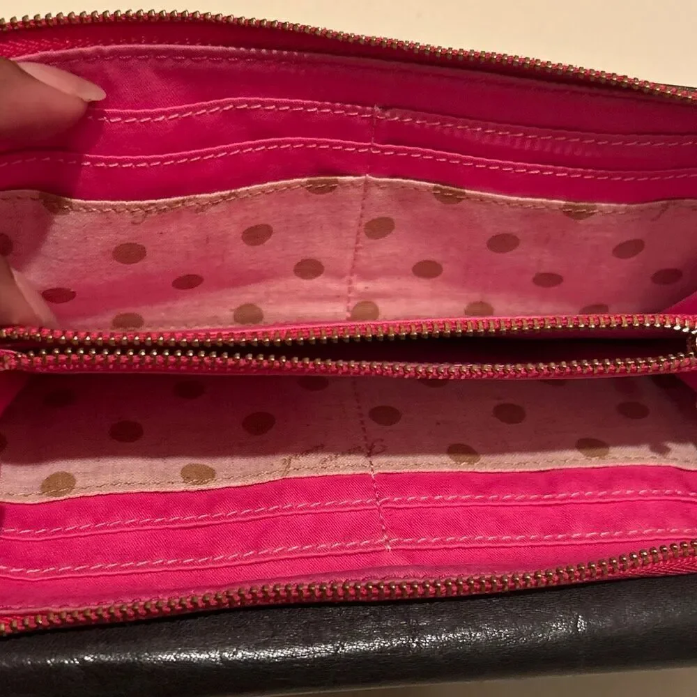 Frame Work Black Leather Long Wallet Hot Pink Contrast Stitch Accent Y2K Style